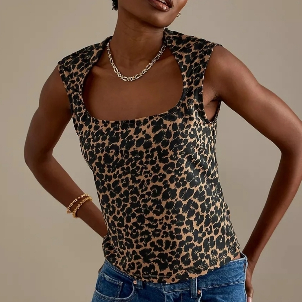 Maeve By Anthropologie Cap Sleeve Cut In Knit Top Cheetah Print Size Small